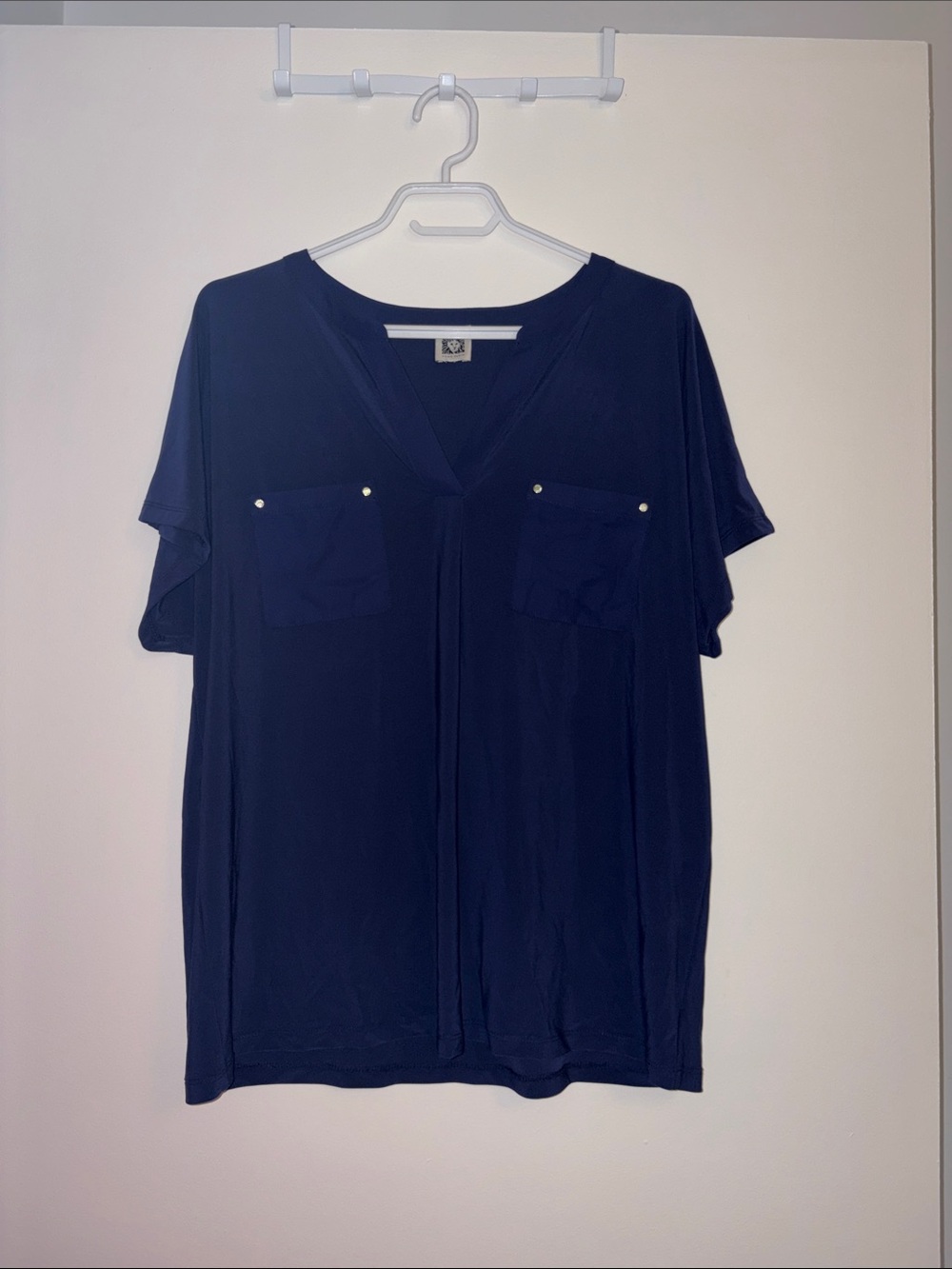 Anne Klein Navy V-Neck Short Sleeve Pocket Tee